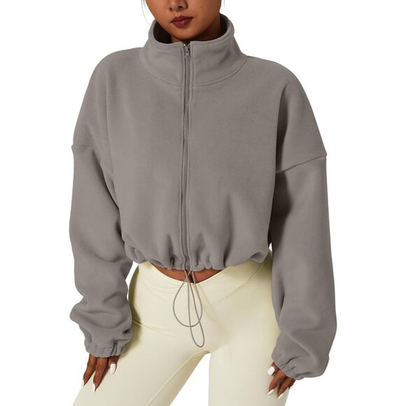 Jackets & Blazers - Women's Light Grey Zip Fleece Warm Winter Long Sleeve Stand Collar Sherpa Jacket